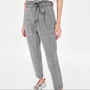 ZARA PAPER BAG WAIST PLAID TROUSER PANTS